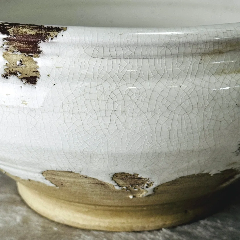 Rustic White Crackle Glaze Stoneware Bowl Planter Farmhouse Cottagecore Decor
